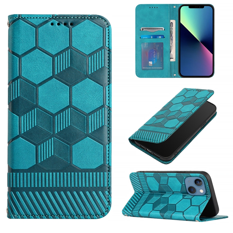 

For iPhone 15 Football Texture Magnetic Leather Flip Phone Case(Light Blue)