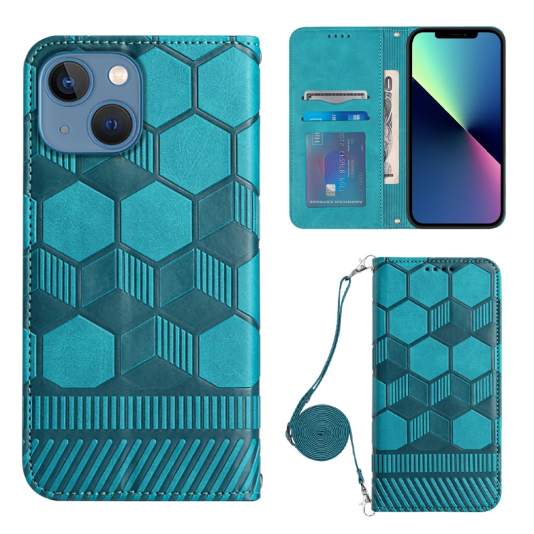 

For iPhone 15 Crossbody Football Texture Magnetic PU Phone Case(Light Blue)