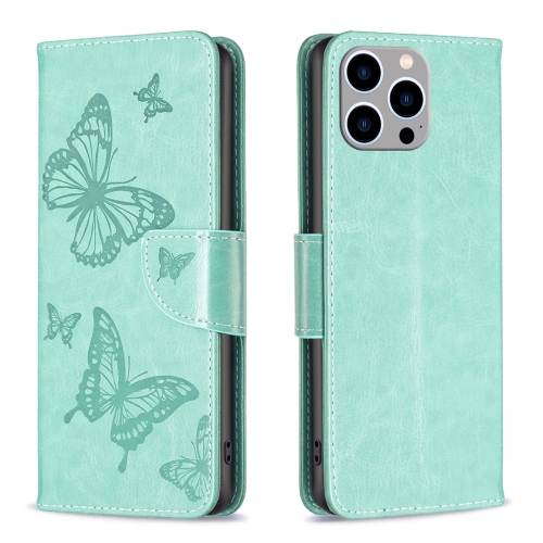For iPhone 15 Pro Max Embossing Two Butterflies Pattern Leather Phone Case(Green)