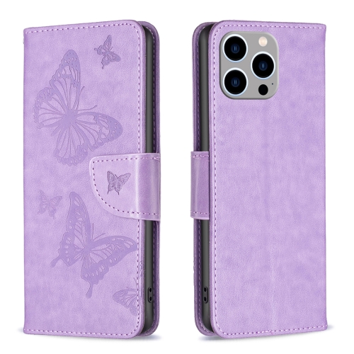 

For iPhone 15 Pro Max Embossing Two Butterflies Pattern Leather Phone Case(Purple)