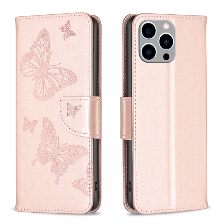 

For iPhone 15 Pro Max Embossing Two Butterflies Pattern Leather Phone Case(Rose Gold)