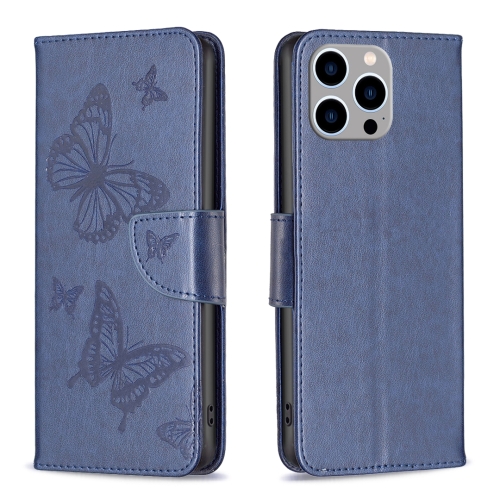 

For iPhone 15 Pro Max Embossing Two Butterflies Pattern Leather Phone Case(Blue)