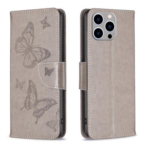 

For iPhone 15 Pro Max Embossing Two Butterflies Pattern Leather Phone Case(Grey)