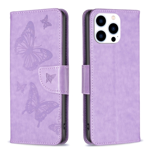 

For iPhone 15 Pro Embossing Two Butterflies Pattern Leather Phone Case(Purple)