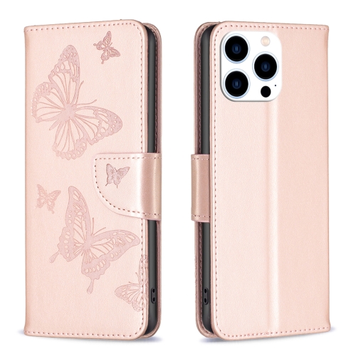 

For iPhone 15 Pro Embossing Two Butterflies Pattern Leather Phone Case(Rose Gold)