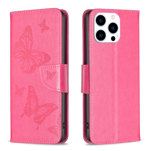 For iPhone 15 Pro Embossing Two Butterflies Pattern Leather Phone Case(Rose Red) for iphone se 2022 2020 8 7 precise hole camouflage pattern pc phone case orange grey