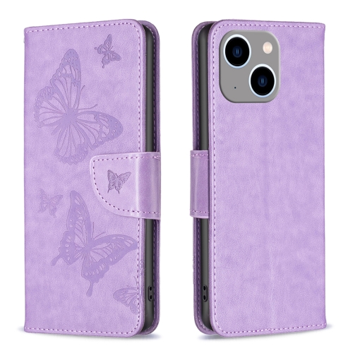 For iPhone 15 Plus Embossing Two Butterflies Pattern Leather Phone Case(Purple) for iphone 11 pro precise hole camouflage pattern pc phone case red purple white