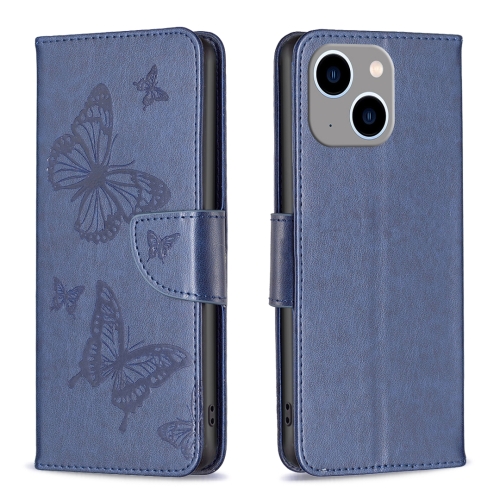 

For iPhone 15 Plus Embossing Two Butterflies Pattern Leather Phone Case(Blue)