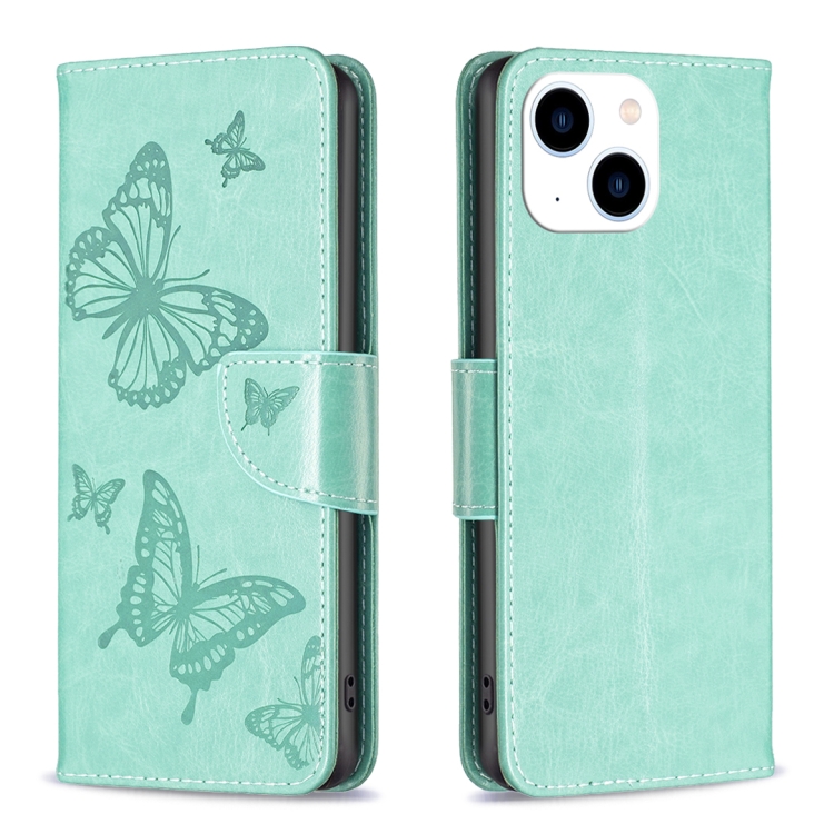 

For iPhone 15 Embossing Two Butterflies Pattern Leather Phone Case(Green)