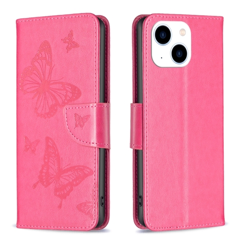 

For iPhone 15 Embossing Two Butterflies Pattern Leather Phone Case(Rose Red)