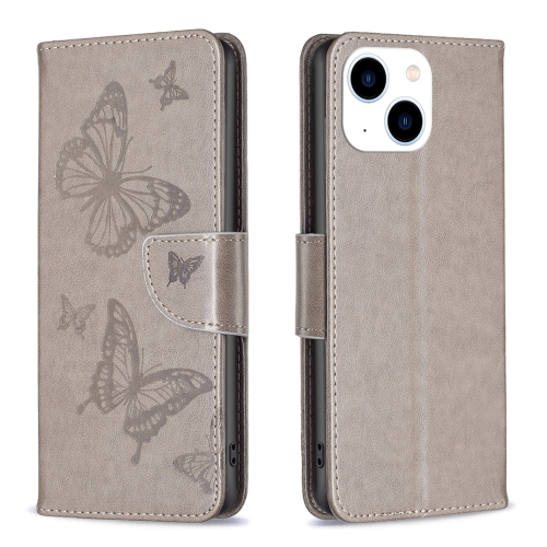 For iPhone 15 Embossing Two Butterflies Pattern Leather Phone Case(Grey) for iphone 14 plus liquid silicone oil painting rabbit phone case beige grey