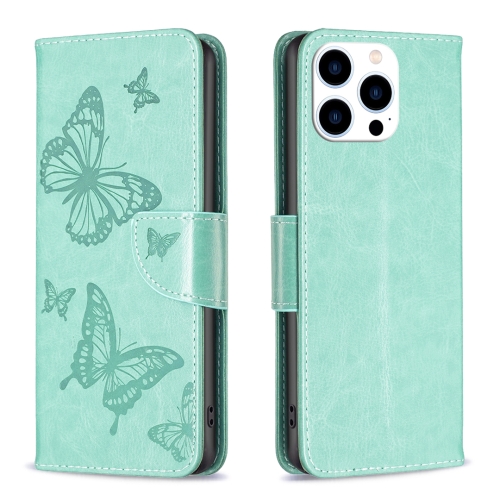 

For iPhone 16 Pro Max Embossing Two Butterflies Pattern Leather Phone Case(Green)