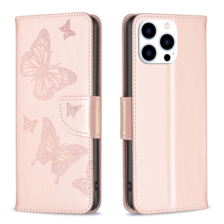 

For iPhone 16 Pro Embossing Two Butterflies Pattern Leather Phone Case(Rose Gold)