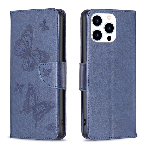 

For iPhone 16 Pro Embossing Two Butterflies Pattern Leather Phone Case(Blue)