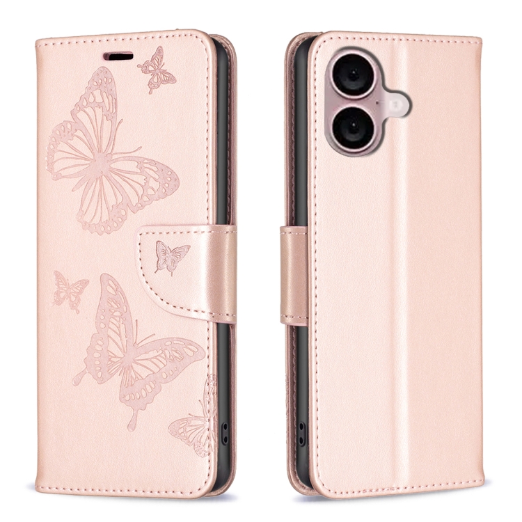 

For iPhone 16 Embossing Two Butterflies Pattern Leather Phone Case(Rose Gold)