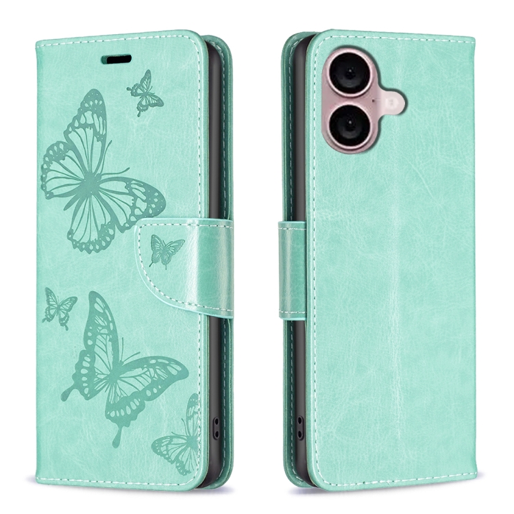 

For iPhone 16 Plus Embossing Two Butterflies Pattern Leather Phone Case(Green)
