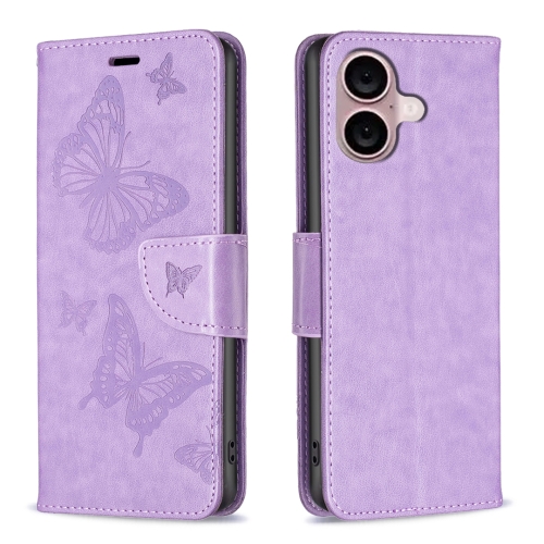 

For iPhone 16 Plus Embossing Two Butterflies Pattern Leather Phone Case(Purple)