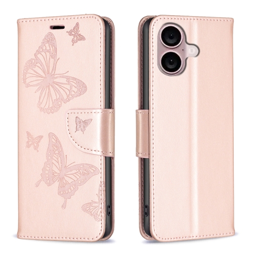 

For iPhone 16 Plus Embossing Two Butterflies Pattern Leather Phone Case(Rose Gold)