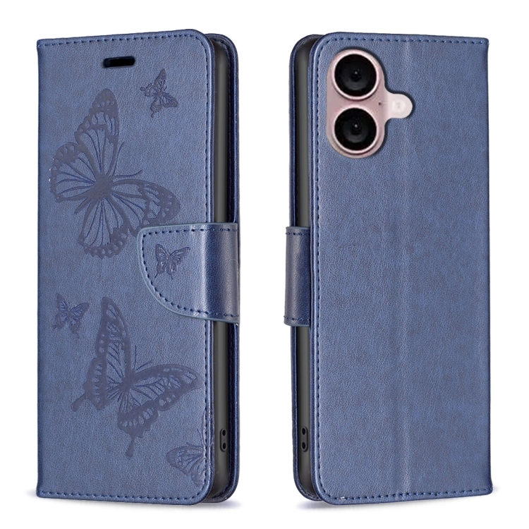 

For iPhone 16 Plus Embossing Two Butterflies Pattern Leather Phone Case(Blue)