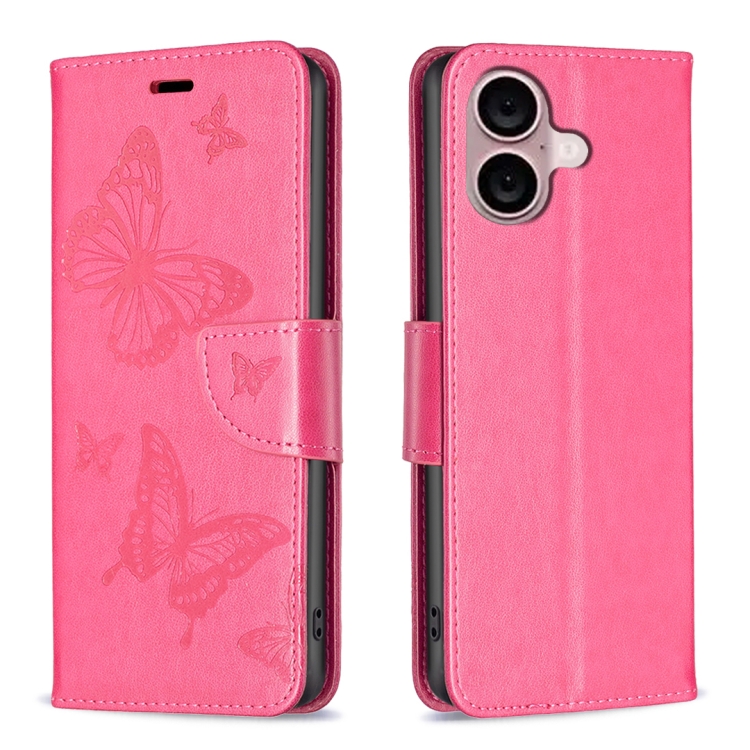

For iPhone 16 Plus Embossing Two Butterflies Pattern Leather Phone Case(Rose Red)