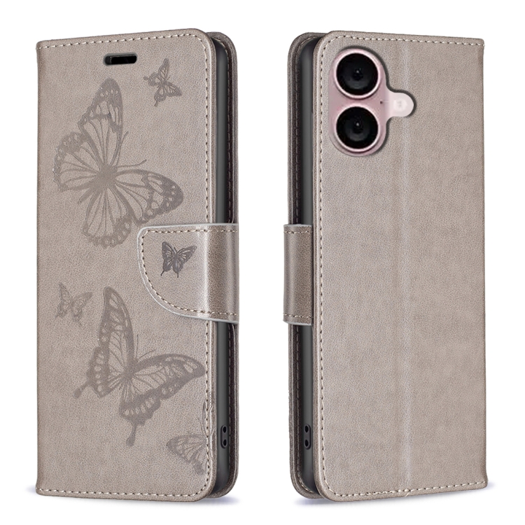 

For iPhone 16 Plus Embossing Two Butterflies Pattern Leather Phone Case(Grey)