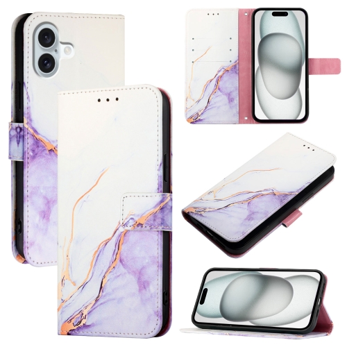 

For iPhone 16 Plus PT003 Marble Pattern Flip Leather Phone Case(White Purple LS006)