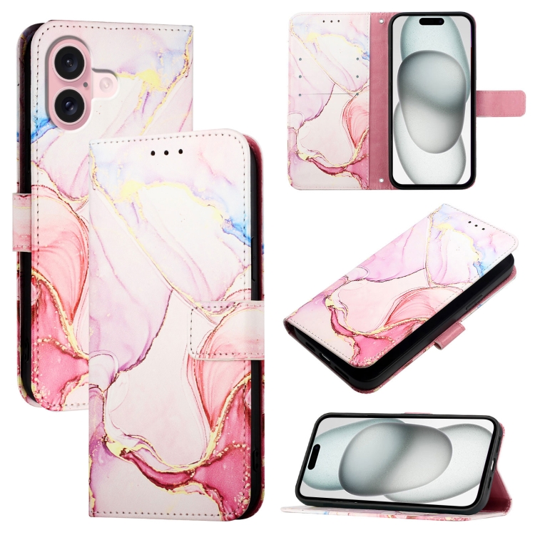 

For iPhone 16 PT003 Marble Pattern Flip Leather Phone Case(Rose Gold LS005)