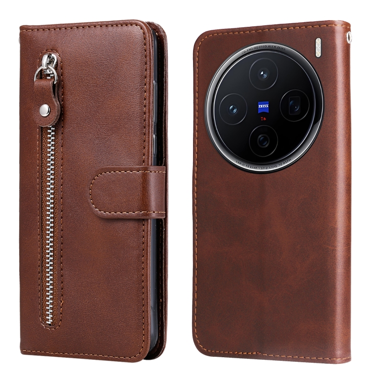 

For vivo X200 Fashion Calf Texture Zipper Leather Phone Case(Brown)