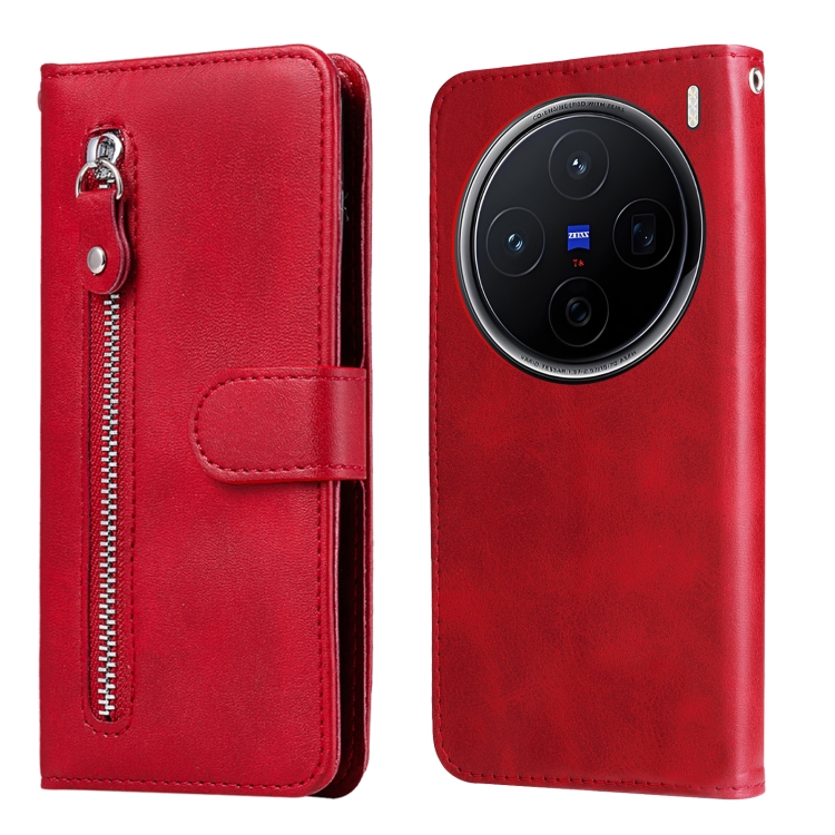 

For vivo X200 Fashion Calf Texture Zipper Leather Phone Case(Red)