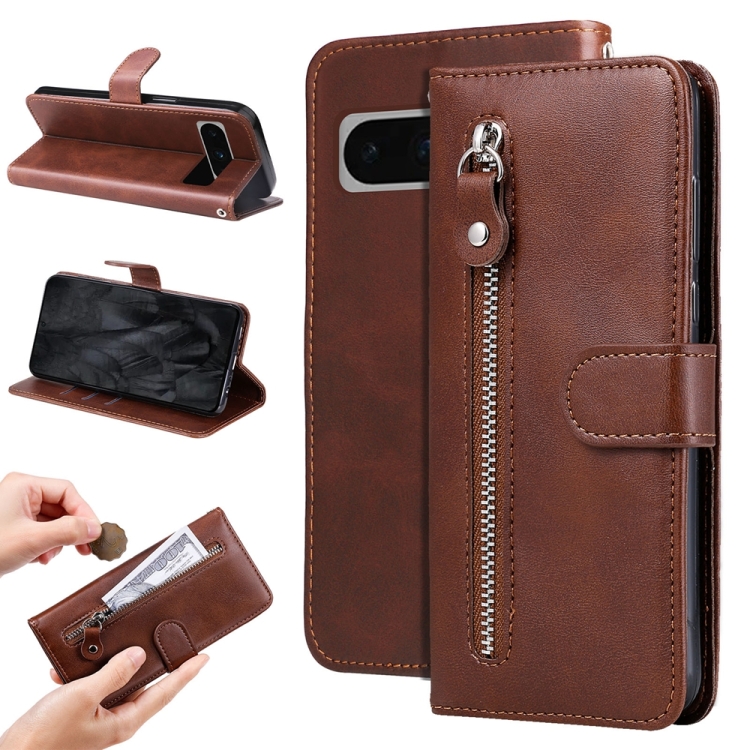 

For Google Pixel 8 Pro Fashion Calf Texture Zipper Leather Phone Case(Brown)