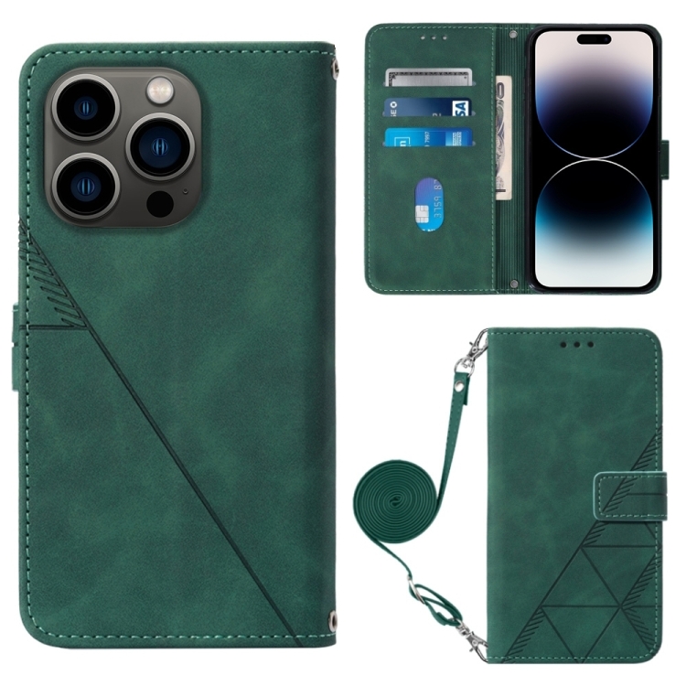 

For iPhone 15 Pro Crossbody 3D Embossed Flip Leather Phone Case(Dark Green)