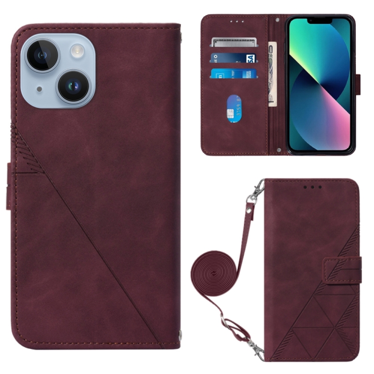 

For iPhone 15 Crossbody 3D Embossed Flip Leather Phone Case(Wine Red)