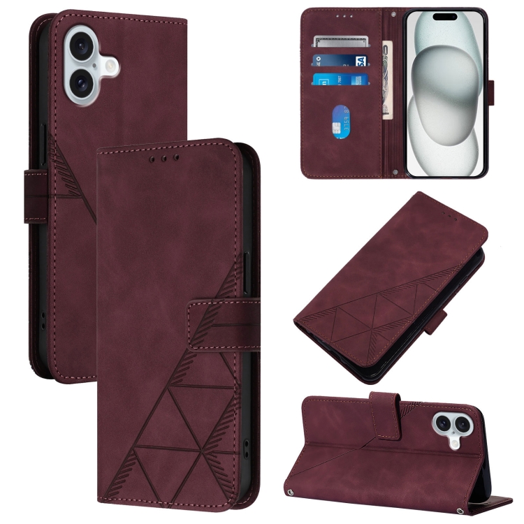 

For iPhone 16 Plus Crossbody 3D Embossed Flip Leather Phone Case(Wine Red)