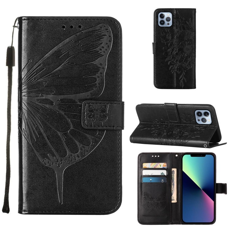 

For iPhone 15 Pro Max Embossed Butterfly Leather Phone Case(Black)