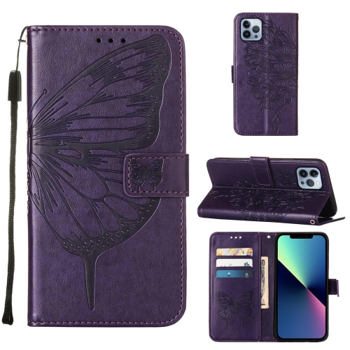 

For iPhone 15 Pro Max Embossed Butterfly Leather Phone Case(Dark Purple)