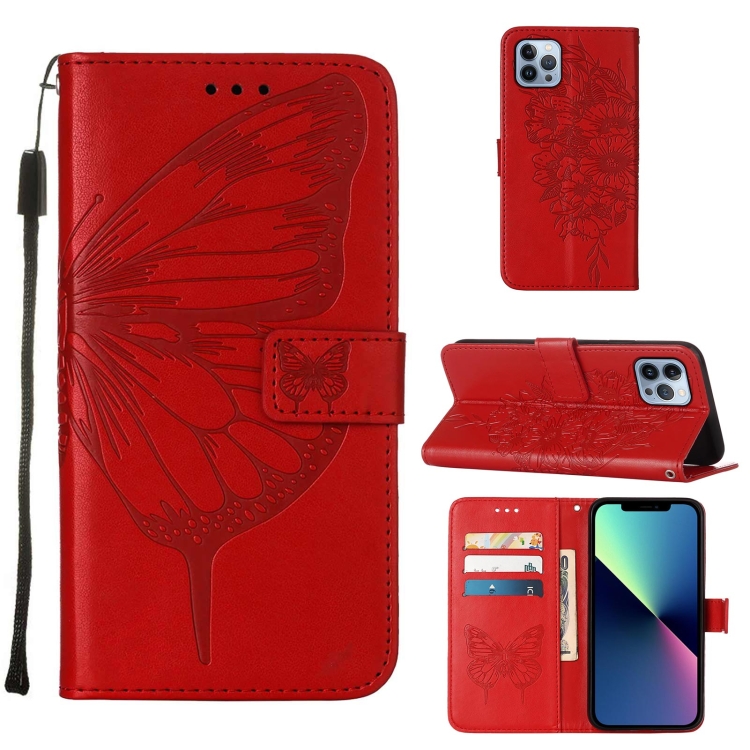 

For iPhone 15 Pro Embossed Butterfly Leather Phone Case(Red)