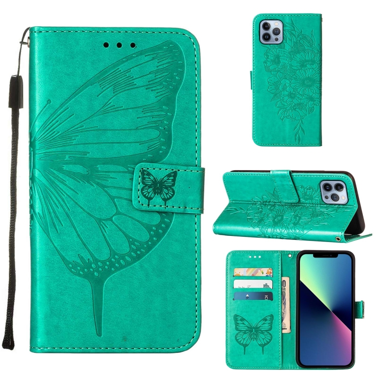 

For iPhone 15 Pro Embossed Butterfly Leather Phone Case(Green)