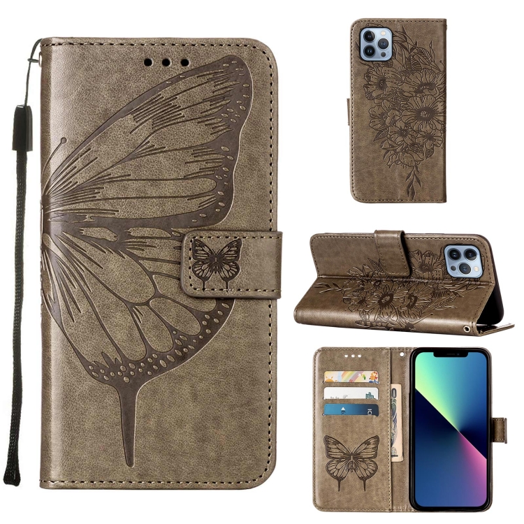 

For iPhone 15 Pro Embossed Butterfly Leather Phone Case(Grey)