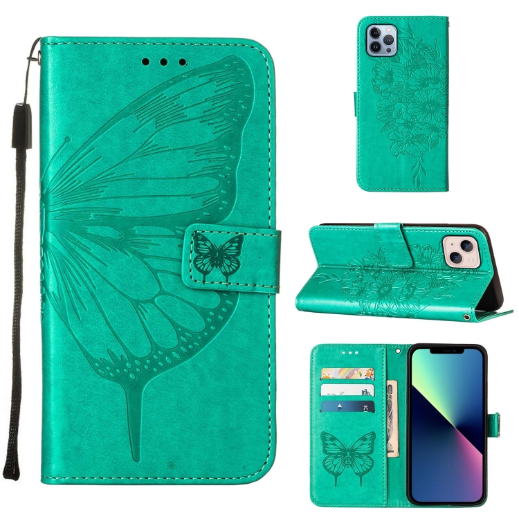 

For iPhone 15 Plus Embossed Butterfly Leather Phone Case(Green)