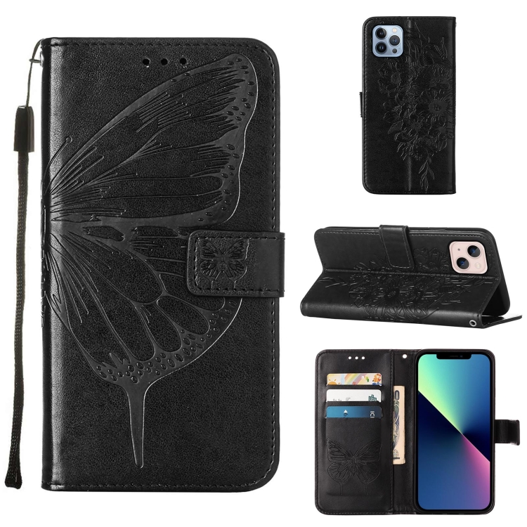 

For iPhone 15 Embossed Butterfly Leather Phone Case(Black)