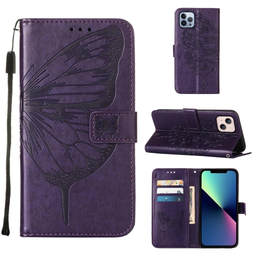 

For iPhone 15 Embossed Butterfly Leather Phone Case(Dark Purple)