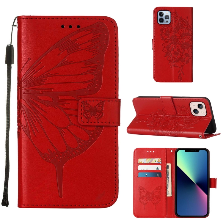 

For iPhone 15 Embossed Butterfly Leather Phone Case(Red)