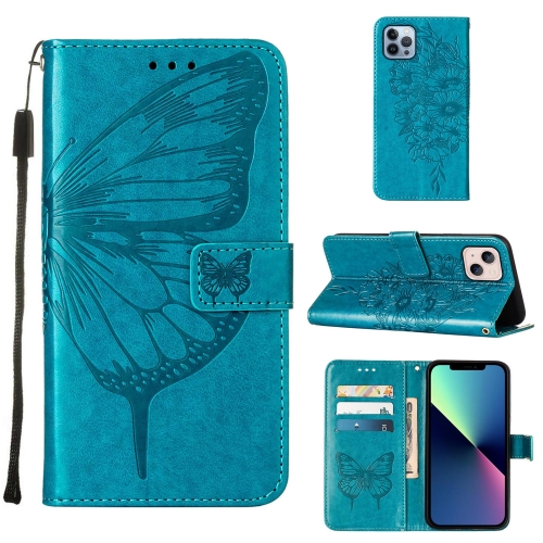 

For iPhone 15 Embossed Butterfly Leather Phone Case(Blue)
