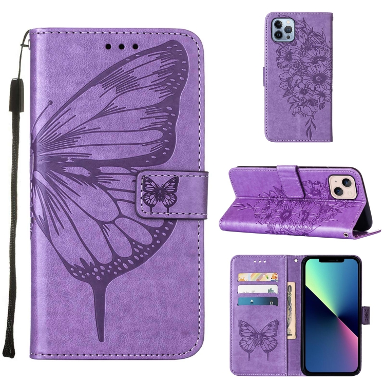 

For iPhone 15 Embossed Butterfly Leather Phone Case(Light Purple)