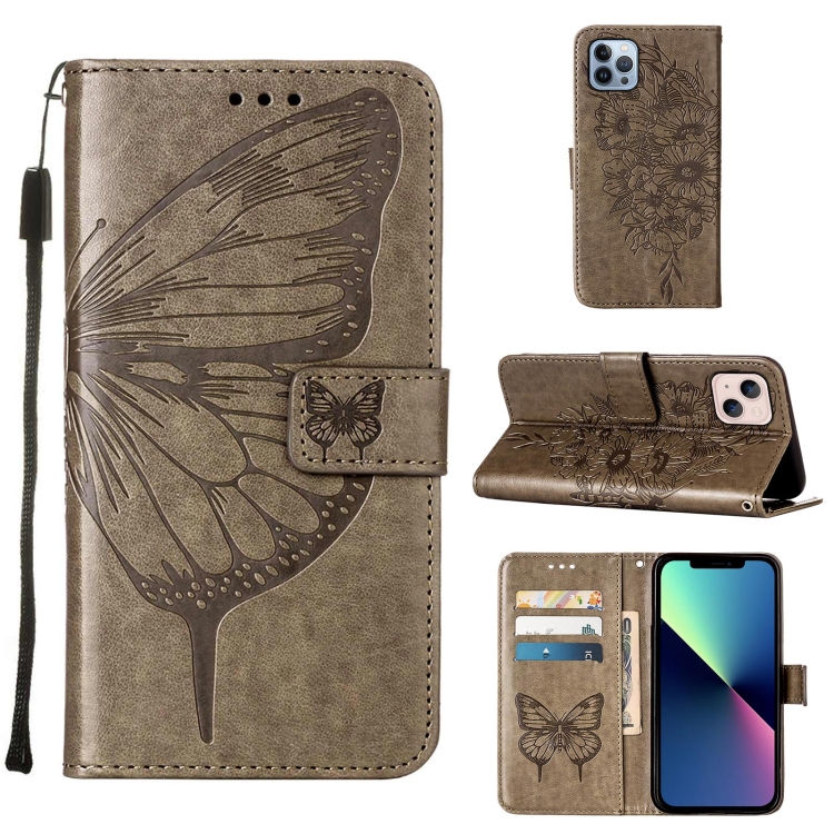 

For iPhone 15 Embossed Butterfly Leather Phone Case(Grey)