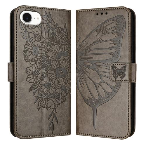 

For iPhone 16e Embossed Butterfly Leather Phone Case(Grey)