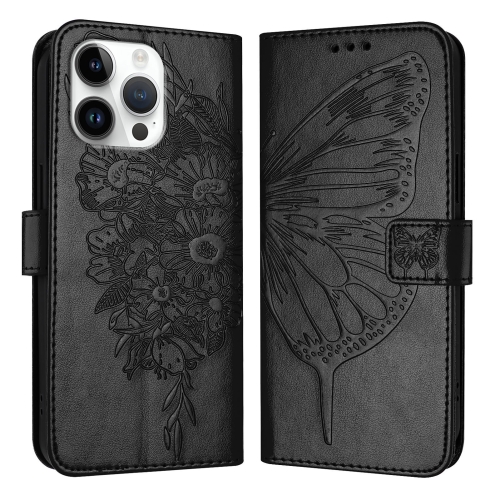 

For iPhone 16 Pro Max Embossed Butterfly Leather Phone Case(Black)