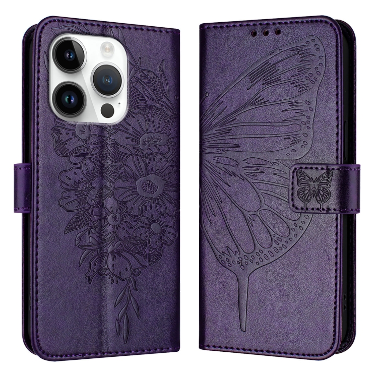 

For iPhone 16 Pro Embossed Butterfly Leather Phone Case(Dark Purple)