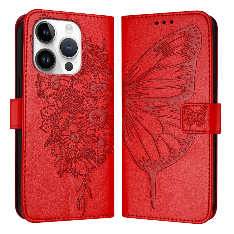 

For iPhone 16 Pro Embossed Butterfly Leather Phone Case(Red)