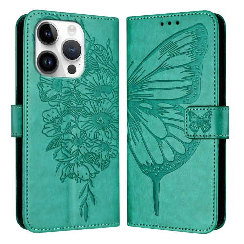 

For iPhone 16 Pro Embossed Butterfly Leather Phone Case(Green)